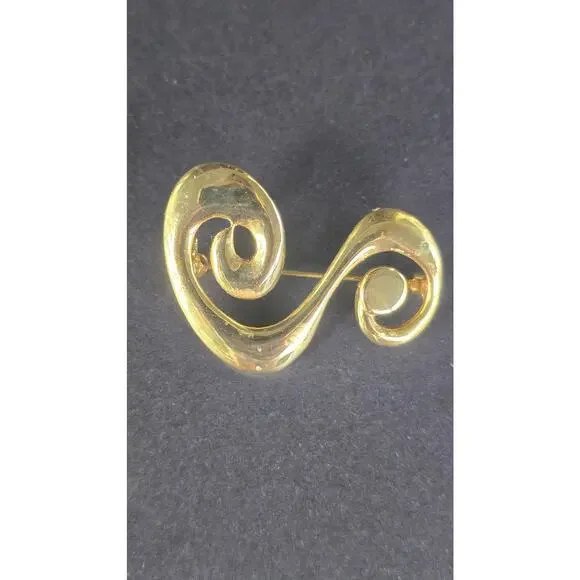 Gold Tone Abstract Swirl Brooch Pin Modern Scroll Costume Statement Jewelry - Picture 4 of 6